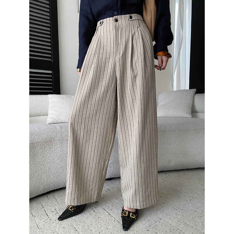 SINAN Autumn New Collection: Old Money Style Linen Blend Striped Semi-Elastic High-Waisted Wide-Leg Casual Pants SN9402 SINAN Autumn New Collection: Old Money Style Linen Blend Striped Semi-Elastic High-Waisted Wide-Leg Casual Pants SN9402