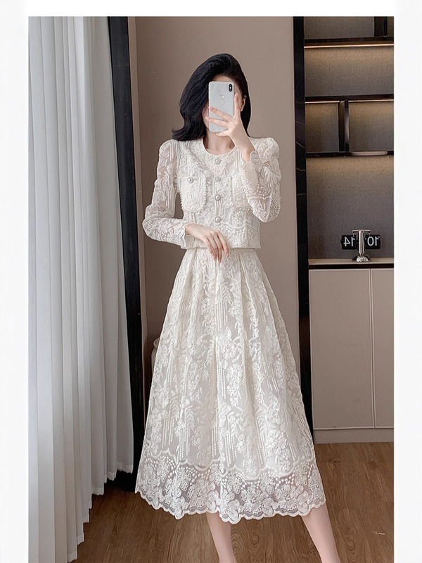 2025 French-Style High-End Embroidered Beaded Round-Neck Long-Sleeve Half-Dress Set for Weddings, Parties, and Church
