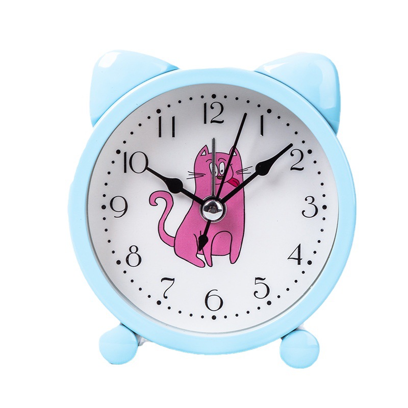 Fábrica directa niños creativos estudiante de metal redondo en forma de gato reloj despertador dormitorio mesita de noche reloj despertador mudo al por mayor