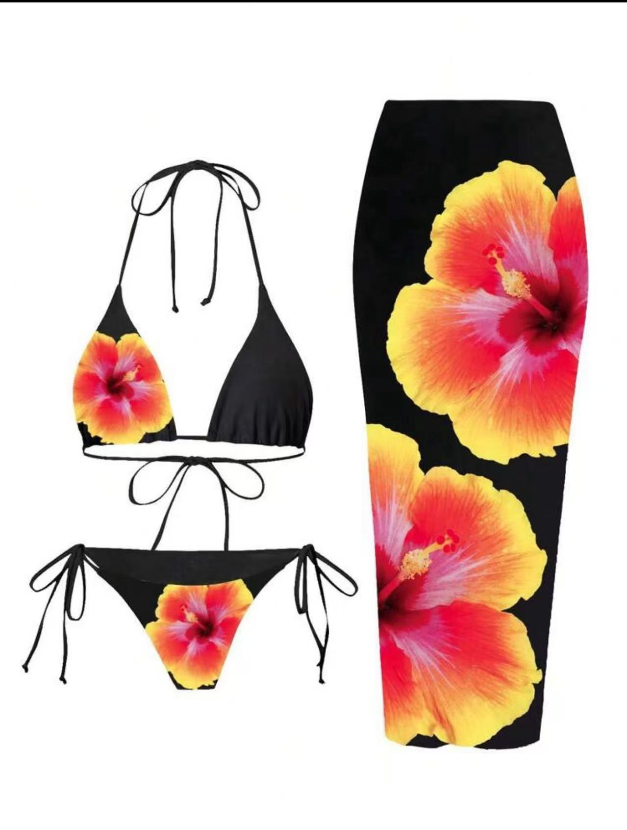 Women's Clothing Style Printed Two Piece Bikini Slim Wrap Skirt Lily Print Swimsuit Three Piece Set For Women Beach & Pool Ready_voghion.com