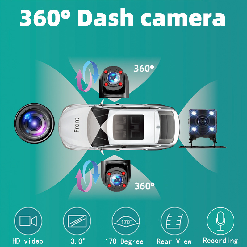 Cross-border high-definition 4-camera dashcam with interior and exterior, front, rear, left, and right panoramic views, with WiFi and car reversing camera