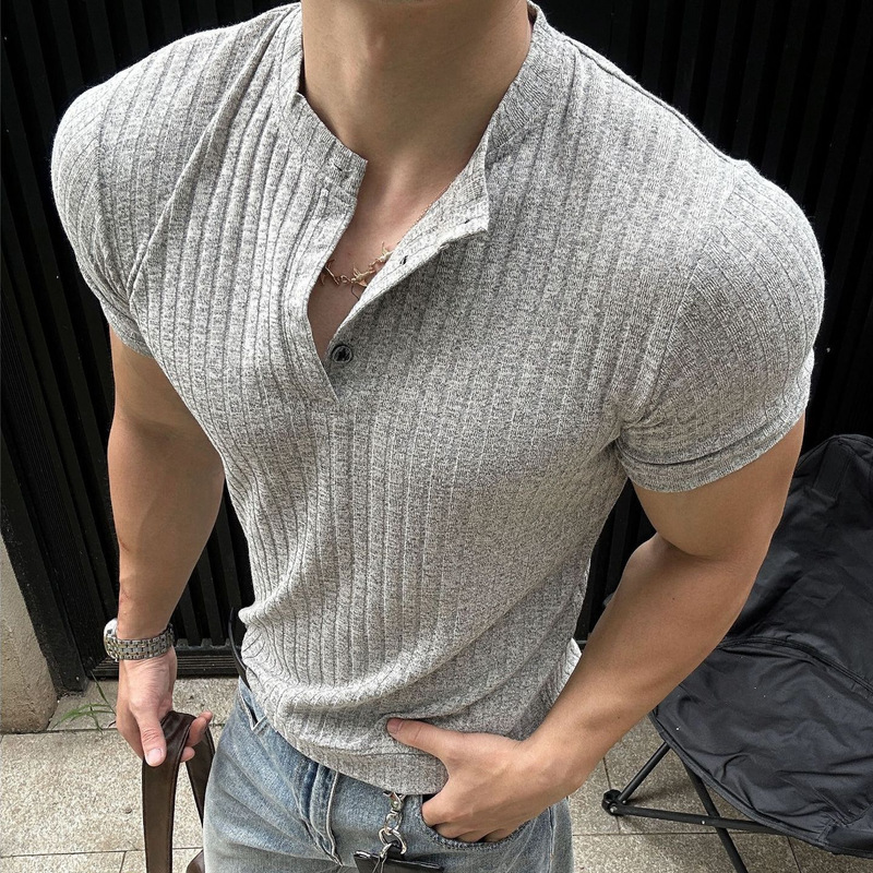 Old Money Style Henley Collar T-Shirt Short Sleeve Men's Summer Thin Breathable Casual Men's Top American Retro Henley Shirt