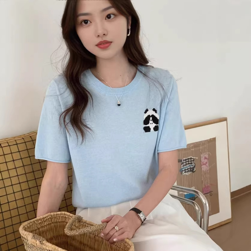 2026春季新款棉线可爱熊猫提花短袖针织衫女士宽松圆领毛衣打底衫