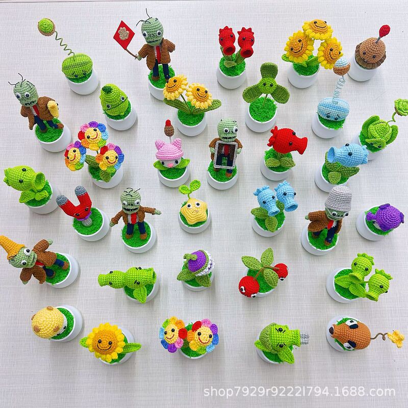 Plants Vs. Zombies Shooter Hand-Knitted Potted Finished Wool Flower Car Desktop Ornaments Decoration