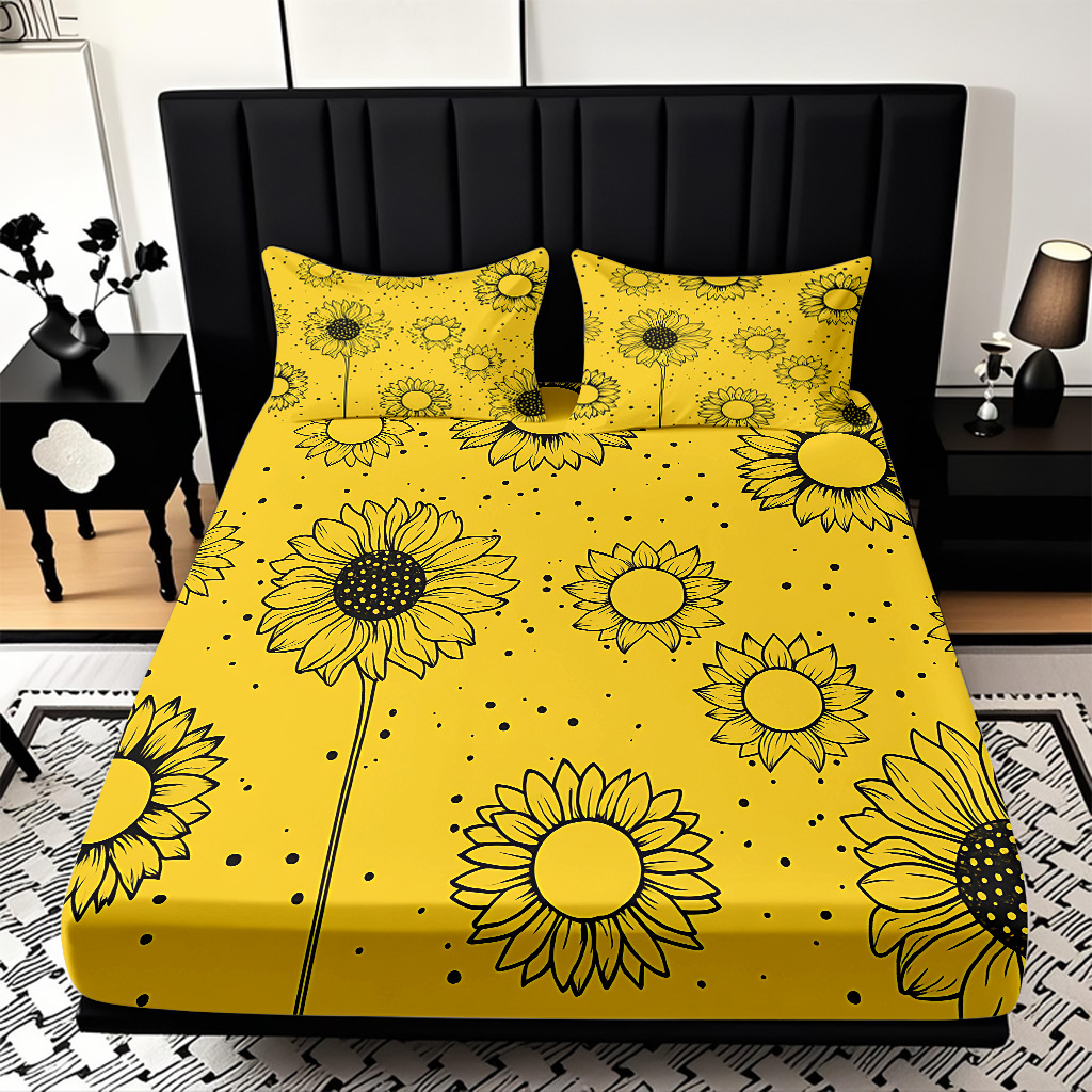 Comercio exterior transfronterizo textil doméstico patrón de girasol impresión digital 3D cama de molienda de tres piezas JIT modelo Temu