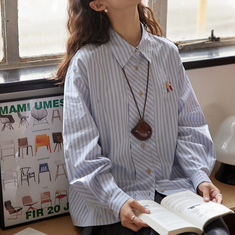什一 法式衬衫女春秋季文艺感刺绣条纹蓝色长袖衬衣上衣|undefined