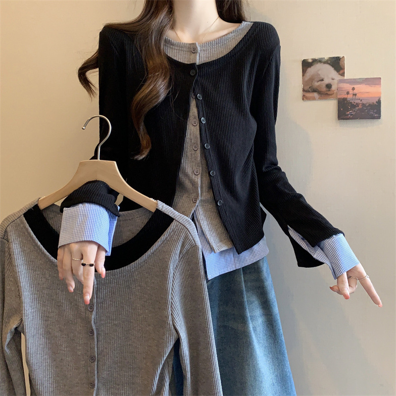 Real shot chubby girl stitching contrast color three-layer cardigan shirt sleeve slim slim T-shirt base coat fake two-piece