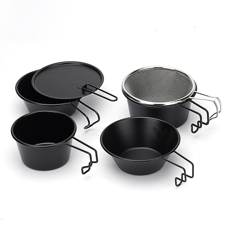 304 ステンレス鋼シラボウル黒ノンスティックシラカップキャンプ登山カップ屋外ポータブル食器調理器具セット