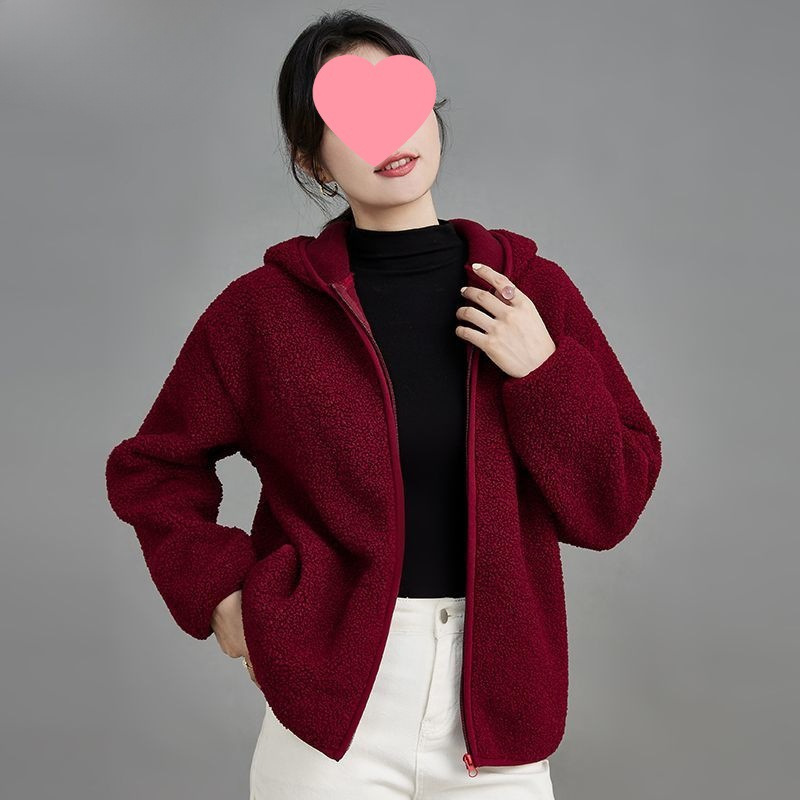 女士秋冬外套短款洋气外穿仿羊羔绒连帽开衫上衣2025新款加绒保暖|undefined