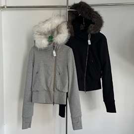 新款韩系时尚连帽毛领斜襟毛绒内胆棉服卫衣外套女