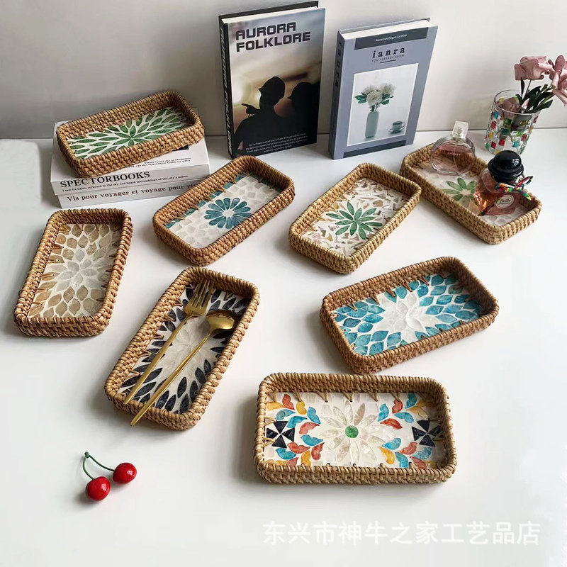 Vietnam Rattan Color Shell Square Woven Fruit Plate Desktop Decoration Ornaments Jewelry Storage Tray Entrance Small Storage