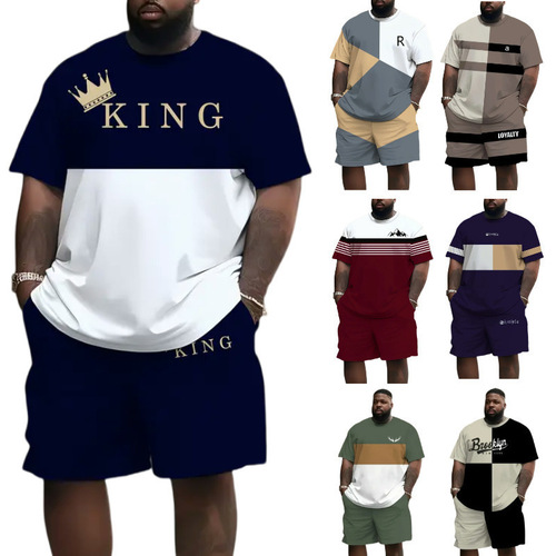 Temu Summer T-shirt & Shorts Set: Casual Beachwear with 3D Digital Print and Lettered Design