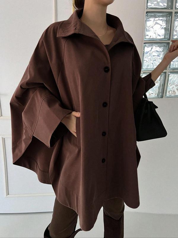 Women's Plain Pocket Button Front Coat Elegant Batwing|undefined