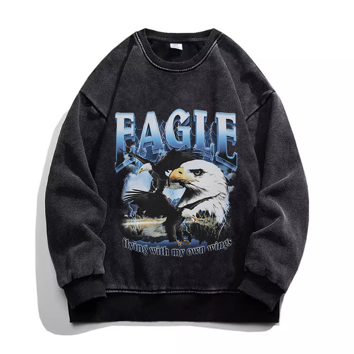 European and American high street vintage washed distressed casual loose printed sweater men's university t brushed University t loose University