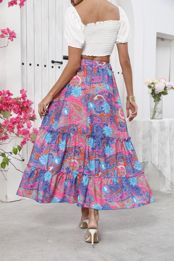 Real Shot Of Cross-border Foreign Trade 2025 Summer New Bohemian Resort Style Printed Flared Skirt For Women_ecoleips.com