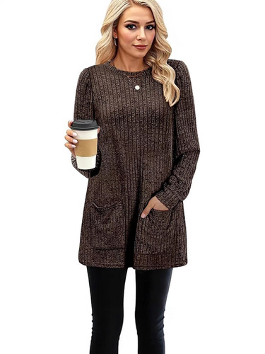 European and American autumn and winter medium and long sweater round collar pit strip solid color pockets long source