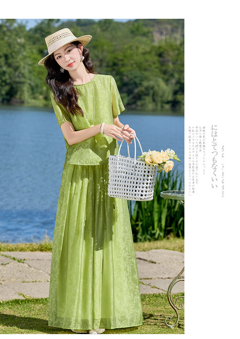 Bộ quần áo hai mảnh sơ mi hoa văn nổi quần ống rộng phong cách Trung Quốc mới — Xanh lá cây nhạtcolor, màu trắng chi tiết 17