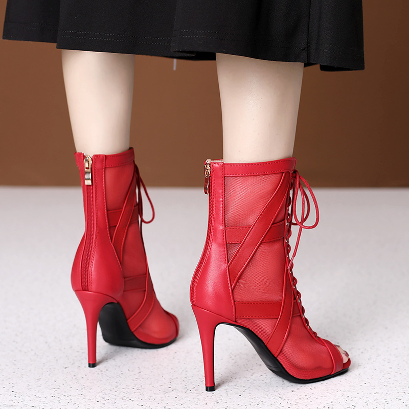 大码女鞋拉丁鞋短靴大码系带爵士舞跳舞高跟凉鞋细跟网纱凉靴外贸