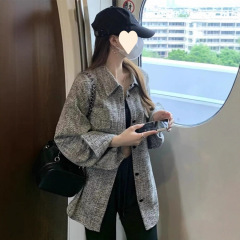 秋冬新款小香风领格子衬衫外套宽松慵懒韩系中长款上衣