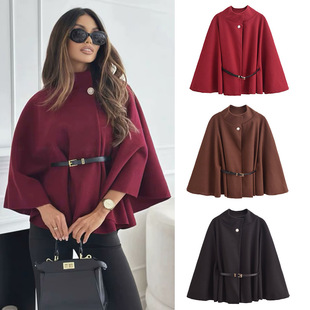 Cross-border European and American foreign trade women's clothing 2025 spring new fashion temperament waist strap woolen cape coat top