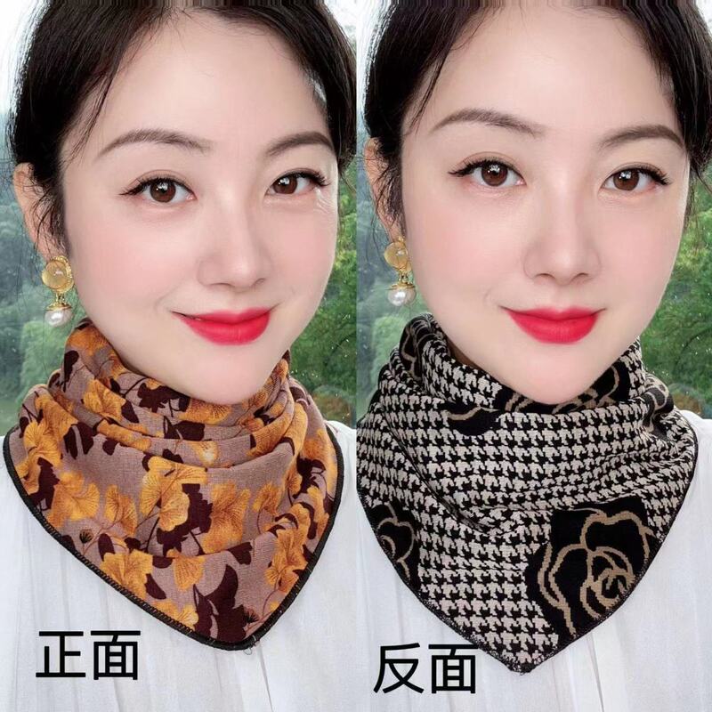 【両面マカオ綿三角タオル】秋冬首保護保温マフラー女性気質百合ファッション防寒多機能|undefined