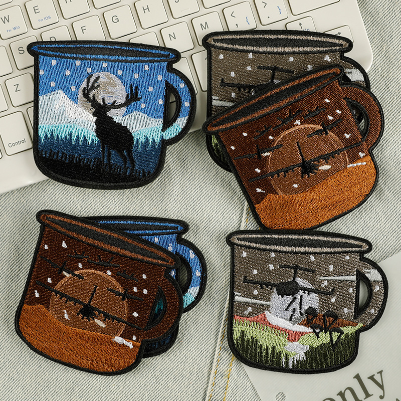 电脑绣花标卡通杯子刺绣章仔服装配饰箱包修补破洞补丁贴DIY布贴