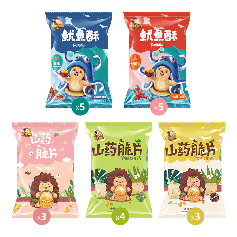 31g * 20 팩의 참마 칩 (향신료 * 4 + 매운 * 3 + 토마토 * 3) 오징어 바삭 바삭함 (원래 맛 * 5 + 매운 새우 * 5)