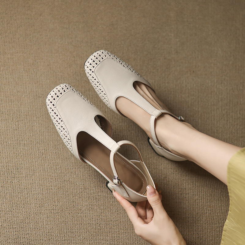 Sandal quai chữ T bít mũi da bò lớp đầu gót thô 4cm đục lỗ thoáng khí — Màu đen
