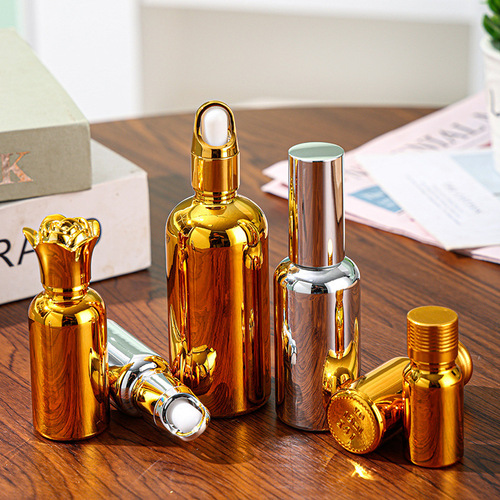 Gold-Plated Glass Essential Oil Bottles 10-100ml Empty Dropper Bottles with Silicone Cap, Silver Spray Bottles for Wholesale