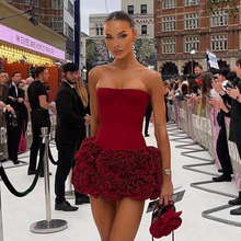 独立站欧美女装新款高端性感抹胸连衣裙修身花朵裙摆礼服裙紧身裙