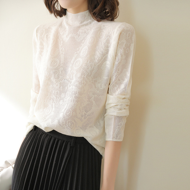 Half-turtleneck openwork crochet base sweater women's design sense top back collar hidden button long sleeve sweater 2020