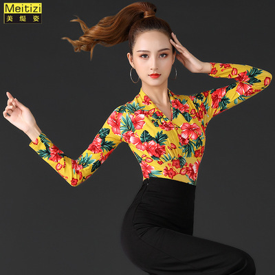 yellow red rose flowers Latin Ballroom Dance Tops For Women ballroom salsa rumba cha cha dancing clothes long sleeve dance costumes for lady