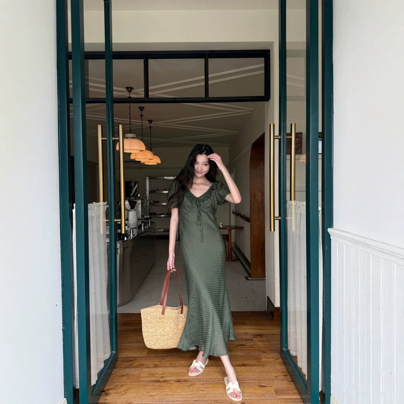 Shenzhen Nanyou 26 New Summer Designer Style French Vacation Polka Dot Ramie Waist-Cinching Long Dress Tea Break Dress Shenzhen Nanyou 26 New Summer Designer Style French Vacation Polka Dot Ramie Waist-Cinching Long Dress Tea Break Dress