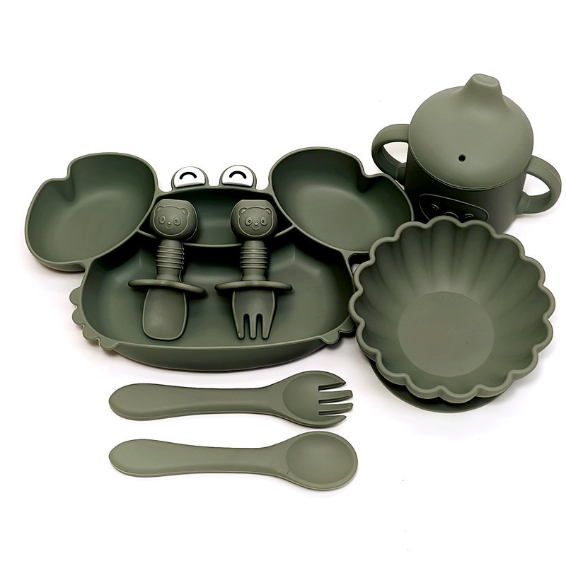 Plato de comedor para bebés tipo ventosa para bebés cubiertos para niños tazón especial para comer cucharas tazas conjunto completo de plato de partición de silicona tazón de alimentos suplementarios