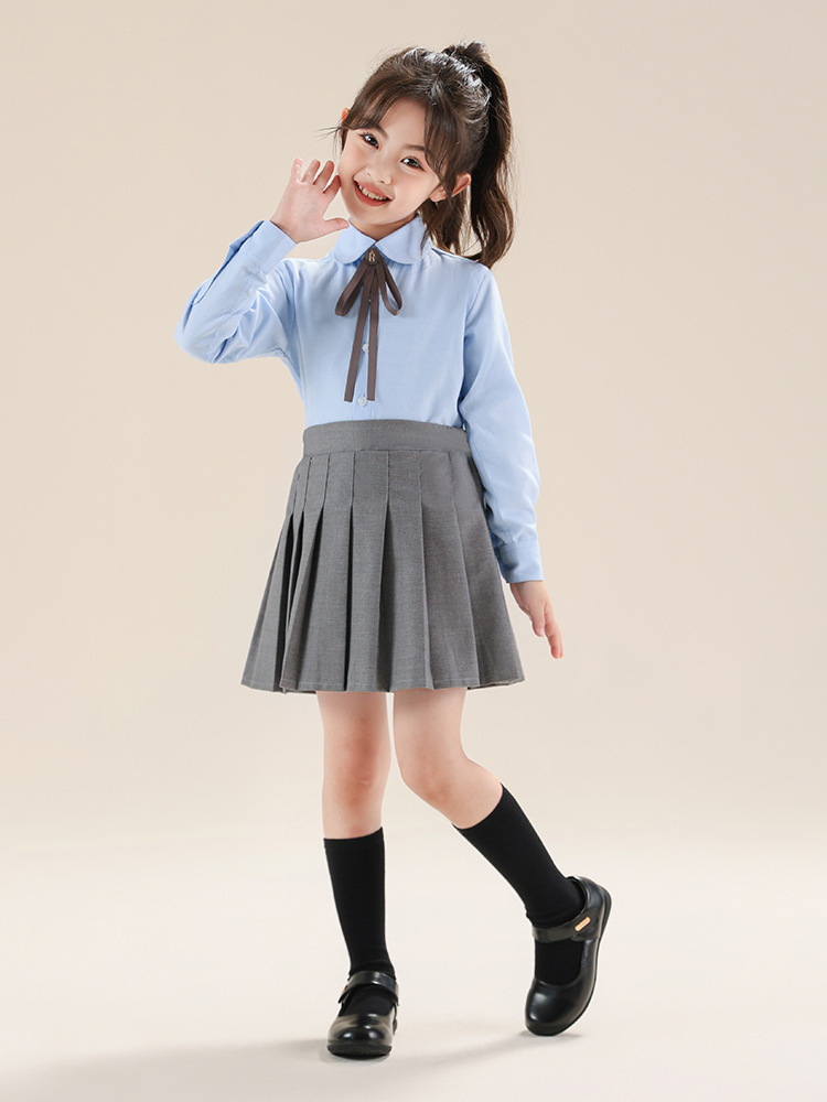 Traje de falda plisada estilo universitario para niños, camisa azul de manga larga para niñas de primavera y otoño, traje de actuación para niñas de escuela primaria