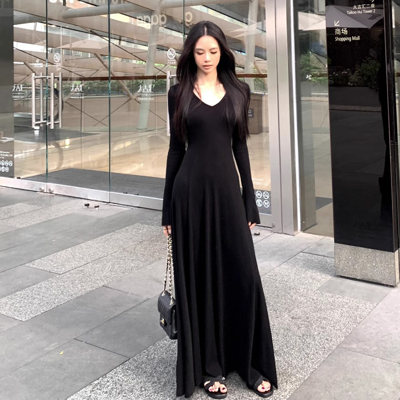 小个子长袖连衣裙黄色针织开春女春秋收腰修身内搭裙春装2025长裙|undefined