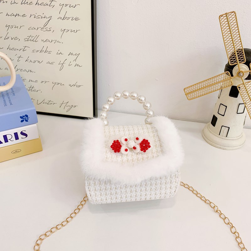 2025 bolsos de Año Nuevo para niños bolsos de perlas princesa de estilo cuadrado bolsos de hombro de cadenas de peluche niñas