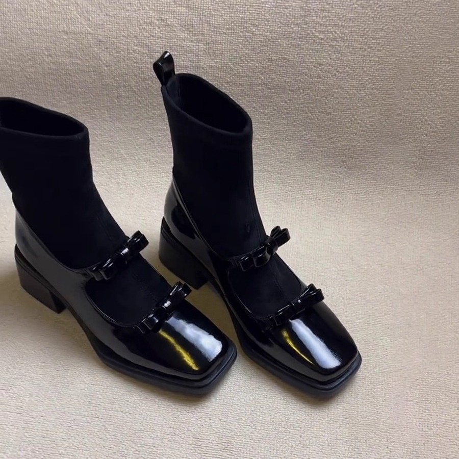 Weiche Lederversion ~ Quadratische Zehenpartie, Retro-Schleife, elastischer, schmaler Patchwork-Mary-Jane-Socken-Stiefel mit klobigem Absatz für schlankmachende Figur_voghion.com