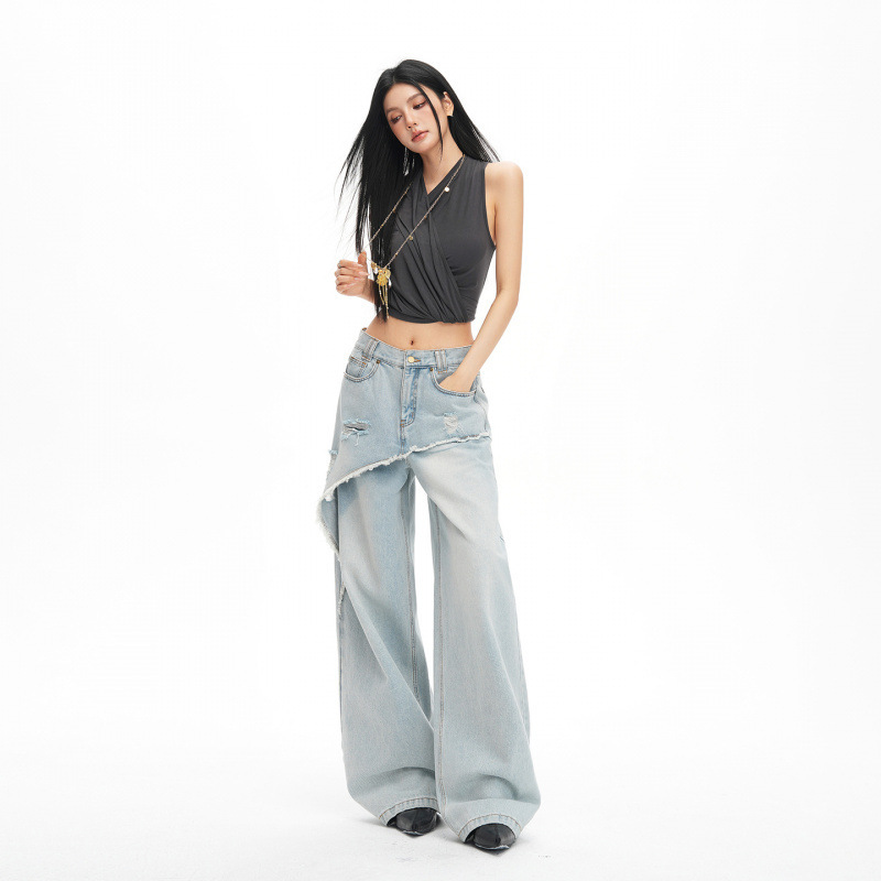 26-Year Spring/Summer New Style Dela Street Cross-Over Design Loose Wide-Leg Faux Two-Piece Ripped Jeans for Women 26-Year Spring/Summer New Style Dela Street Cross-Over Design Loose Wide-Leg Faux Two-Piece Ripped Jeans for Women