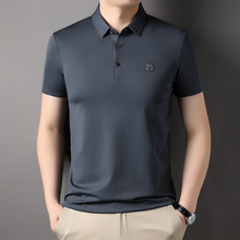 2025夏季高端男士短袖T恤中年潮流爸爸装翻领冰爽精品桑蚕丝T恤衫