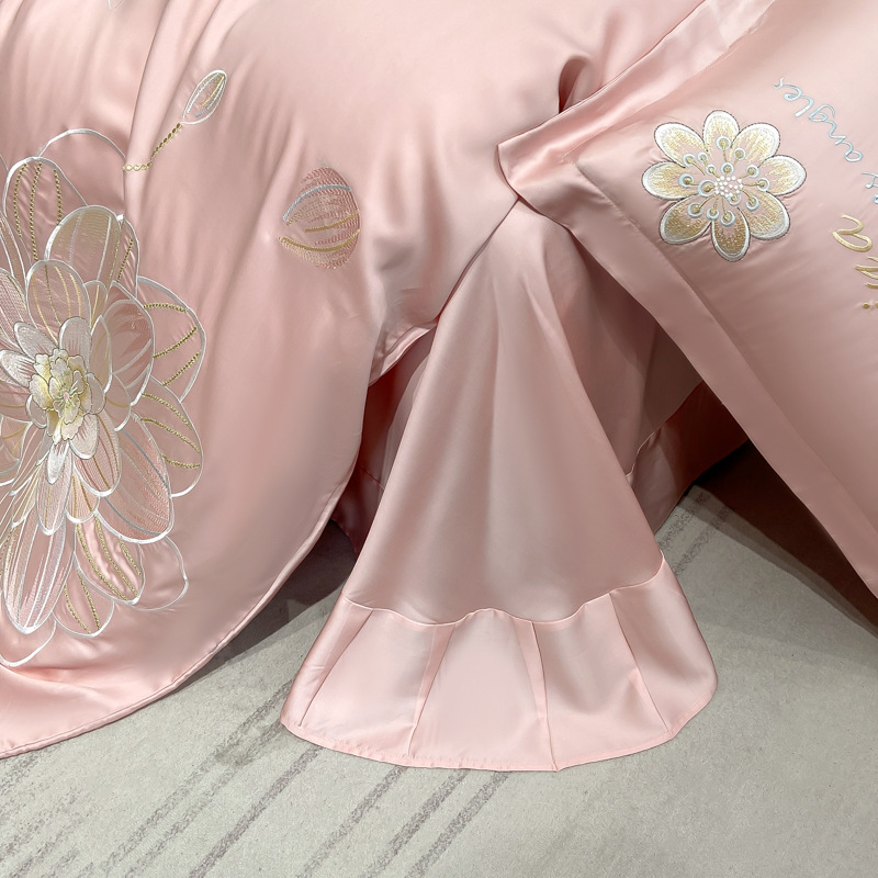 Embroidered Bedding Set Washed Tencel Summer Ice Silk Four Piece_voghion.com