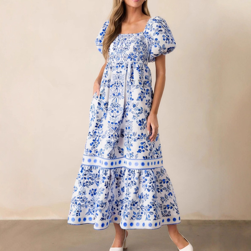 Shiying European and American Cross-Border Bomiya Style Printed Long Skirt Summer New Short-Sleeved Dress for Women
