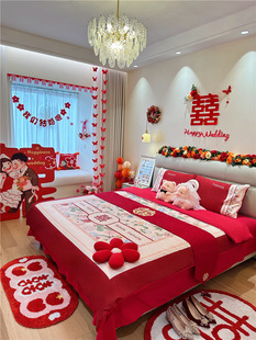 New Chinese Style 100 Wedding Four-Piece Set Big Red Double Happiness Quilt Cover Bed Sheet Happy Wedding Bedding