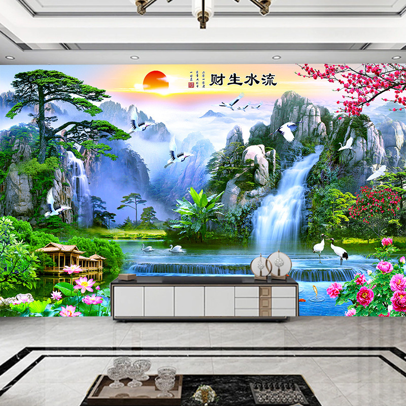 喜凤缘客厅沙发电视墙背景装饰贴画墙布山水画风景画大型壁画
