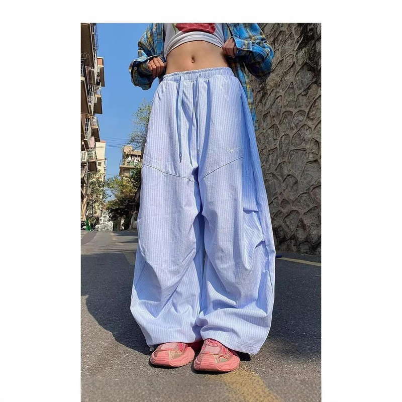 American Retro Pleated Striped Paratrooper Cargo Pants for Women 2025 Spring Summer Jazz Dance Wide-Leg Banana Scimitar Pants Trendy