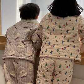 儿童三层夹棉卡通家居服韩版冬季男女童加绒加厚睡衣宝宝保暖套装