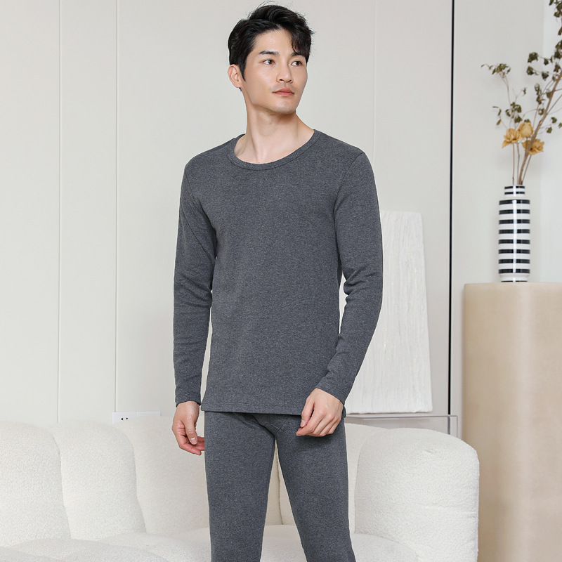 Men's Underwear Thermal suit Thick Autumn and Winter Clothes and Pants Shredded Cotton Sanding Pure Cotton Sweater Pajamas Solid Color Round Neck