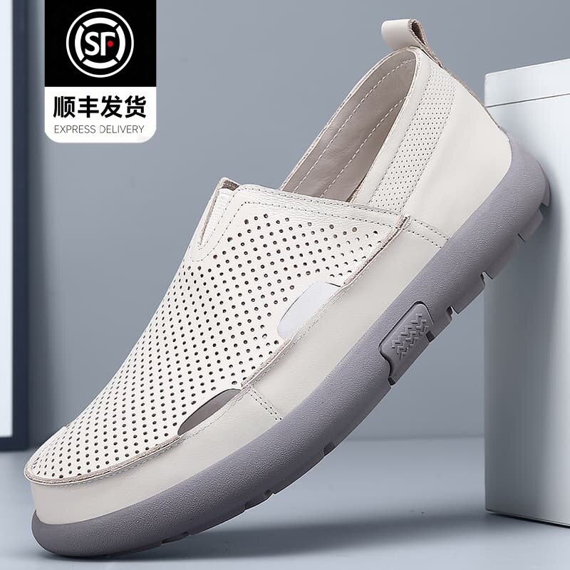 Dép sandal nam da bò đế bằng mũi tròn kiểu lười thoáng khí, đế cao 1 cm — Trắng CB9926-2, Đen CB9926-2