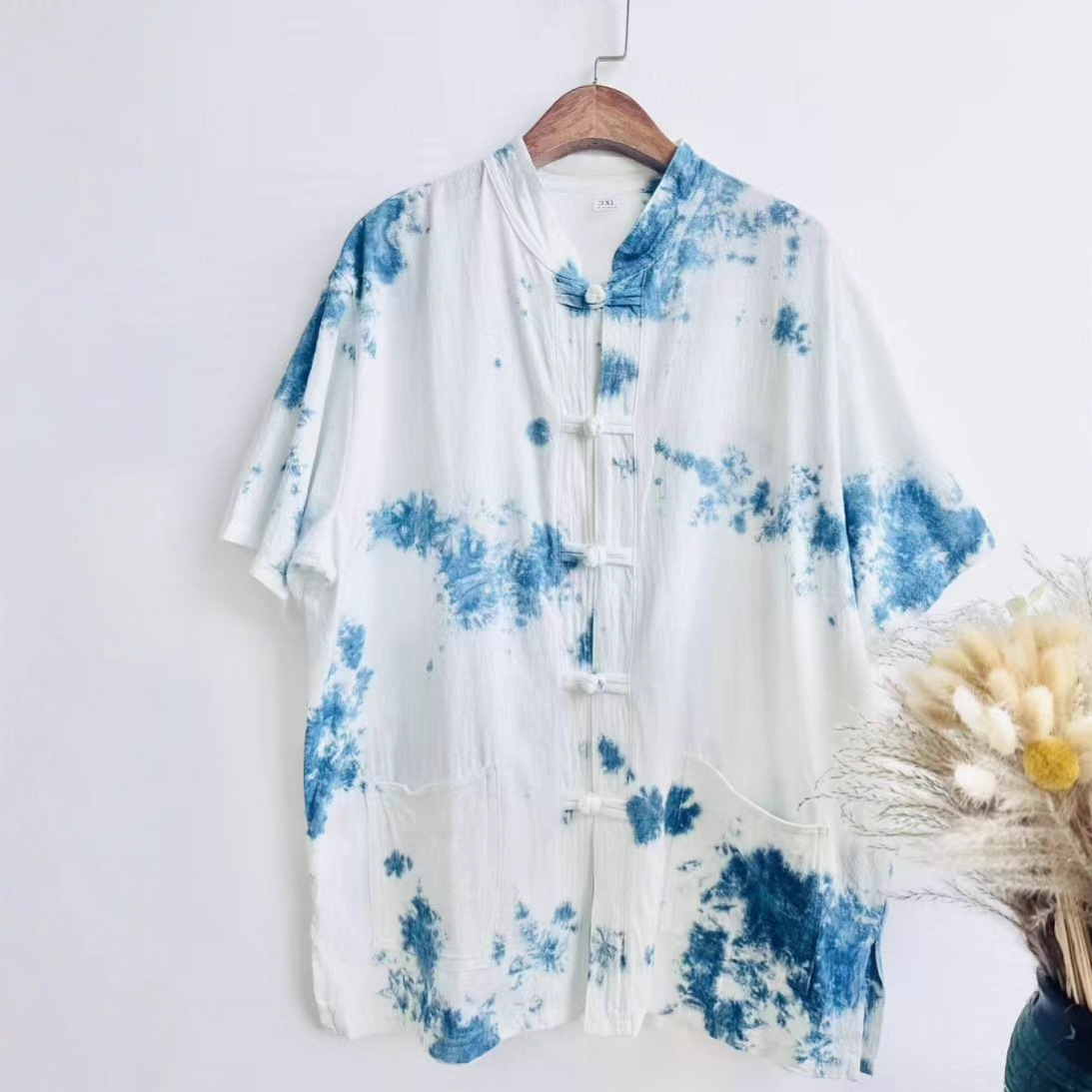 New Versatile Shirt Summer New Top Dali Lijiang Tie-Dye Men's Loose Cotton and Linen Ethnic Style Shirt