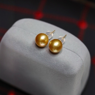 Natural thick gold bead earrings 10-9mm round strong light basically flawless 925 sterling silver earrings with gift box